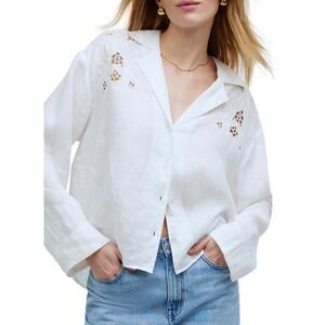 Madewell Womens Resort Long Sleeve Shirt‎ Linen White Size XS Eyelet Embroidered